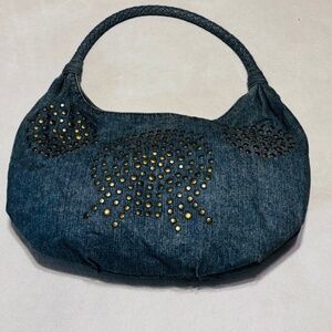 Fiorucci Hobo Bag Denim Blue Top Handle Studded  Zip Around
